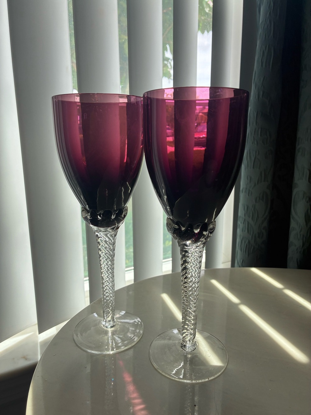 Set of Two Deep Amethyst Stemmed Wine Goblets